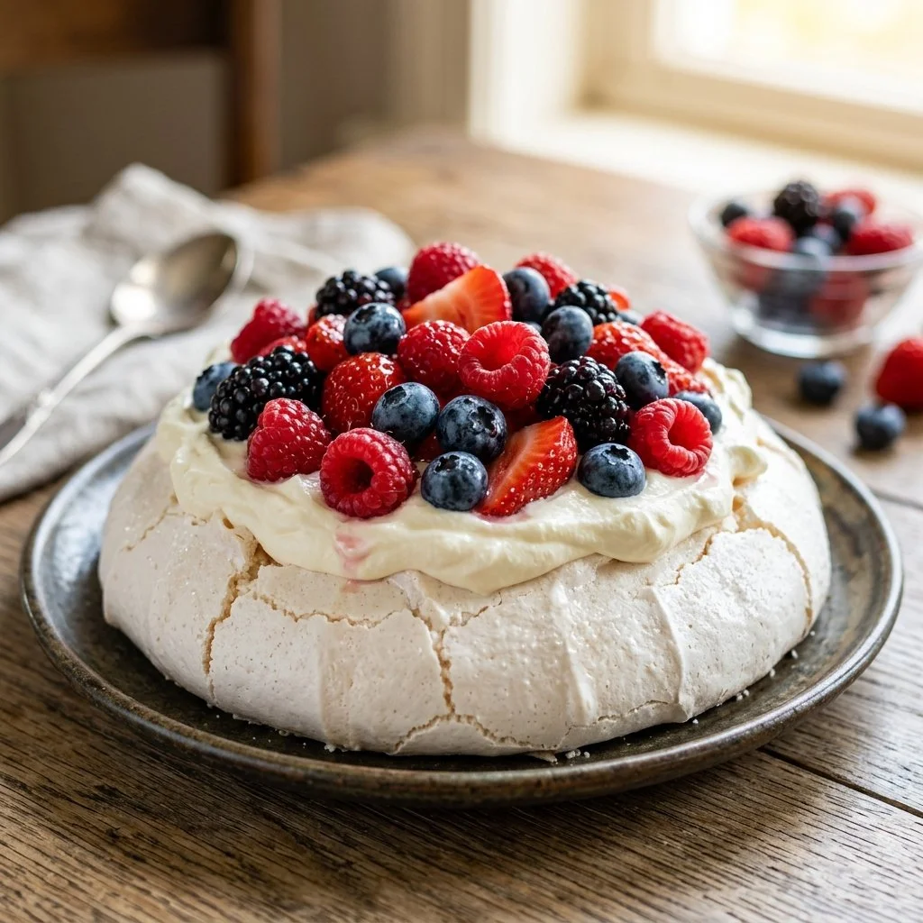 Delicious Pavlova topped with fresh berries and whipped cream