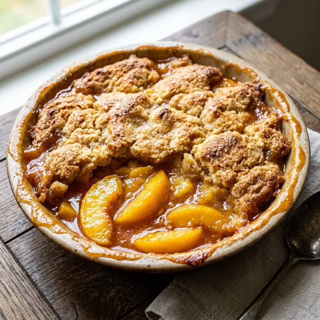 Delicious homemade Peach Cobbler served in a baking dish with a scoop of vanilla ice cream.