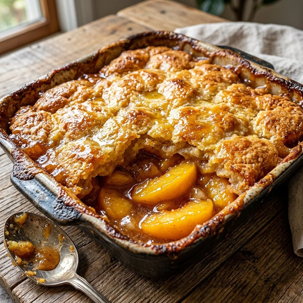 Delicious homemade Peach Cobbler baked to perfection