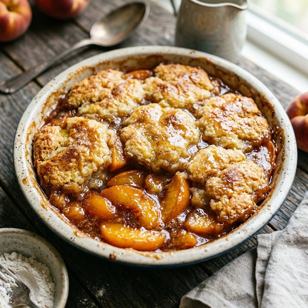 Delicious homemade peach cobbler served in a rustic dish