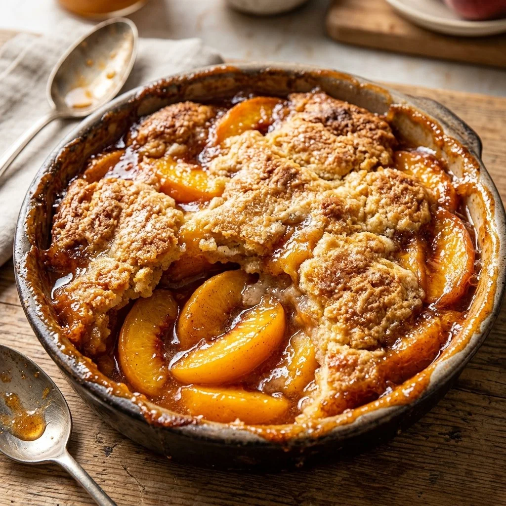 Freshly baked peach cobbler topped with ice cream and mint leaves