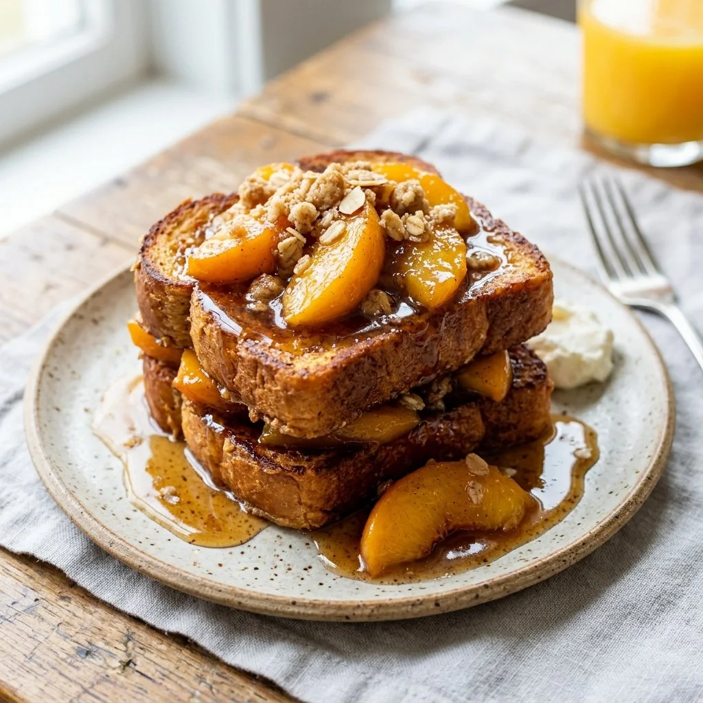 Delicious Peach Cobbler French Toast topped with fresh peaches and syrup.