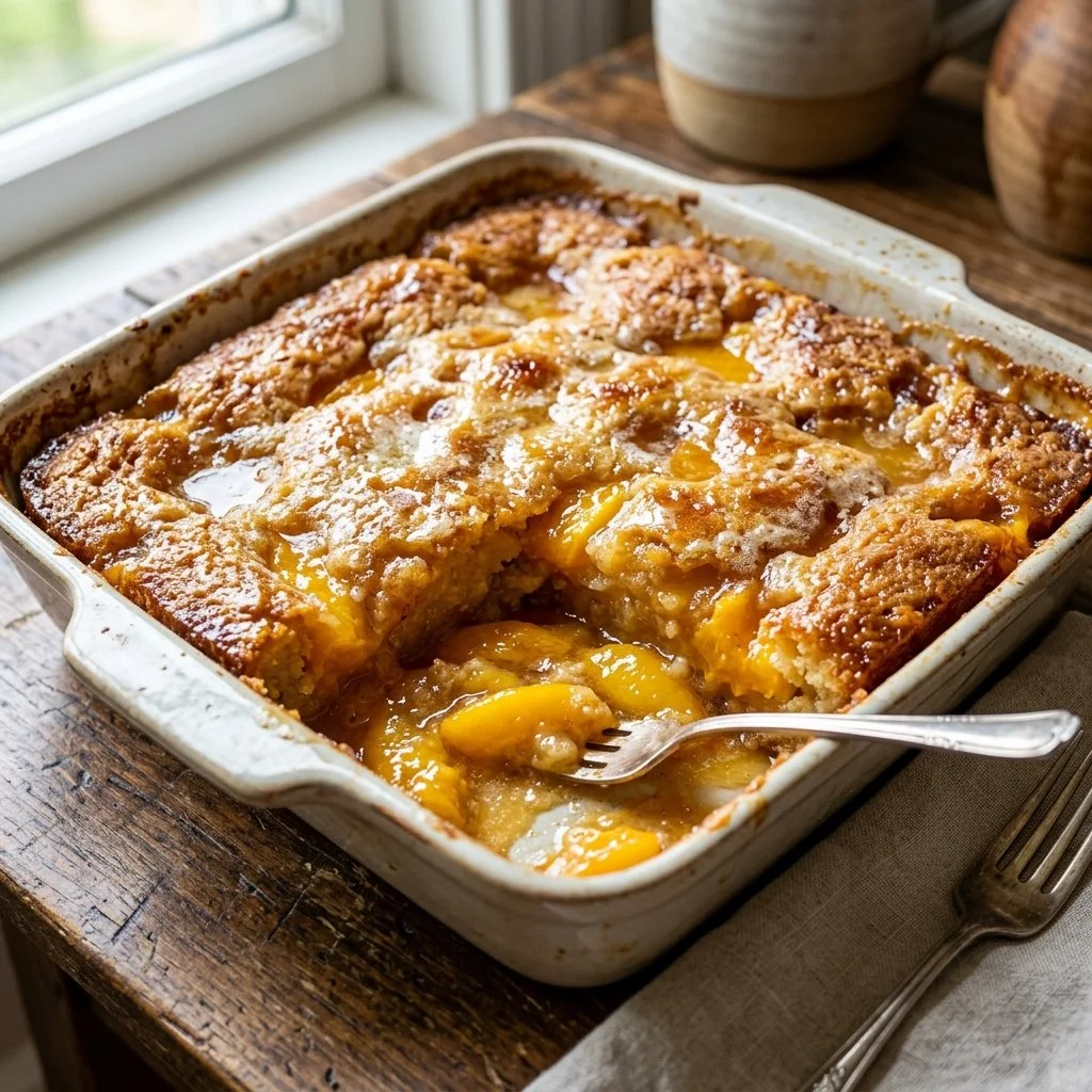 Delicious Peach Dump Cake served warm with a golden topping