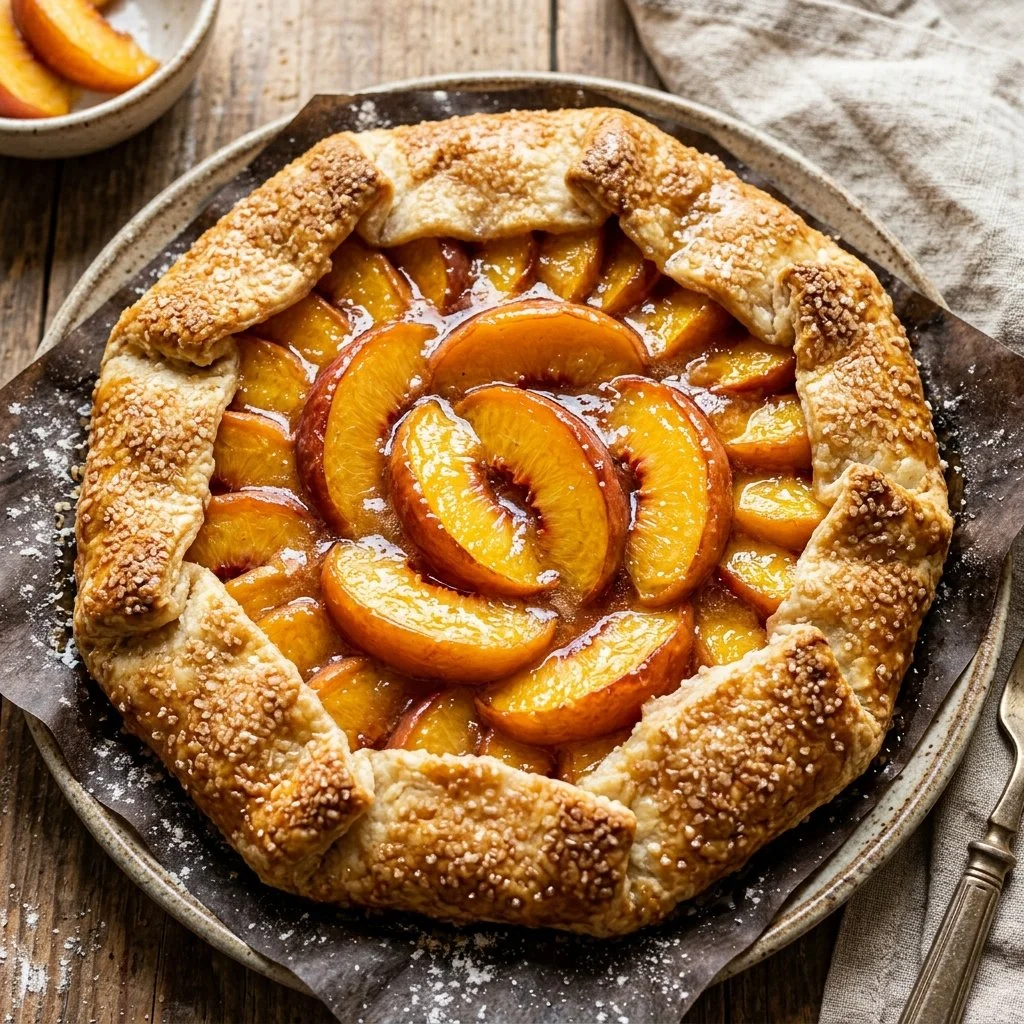 Delicious homemade Peach Galette with fresh peaches on flaky pastry.