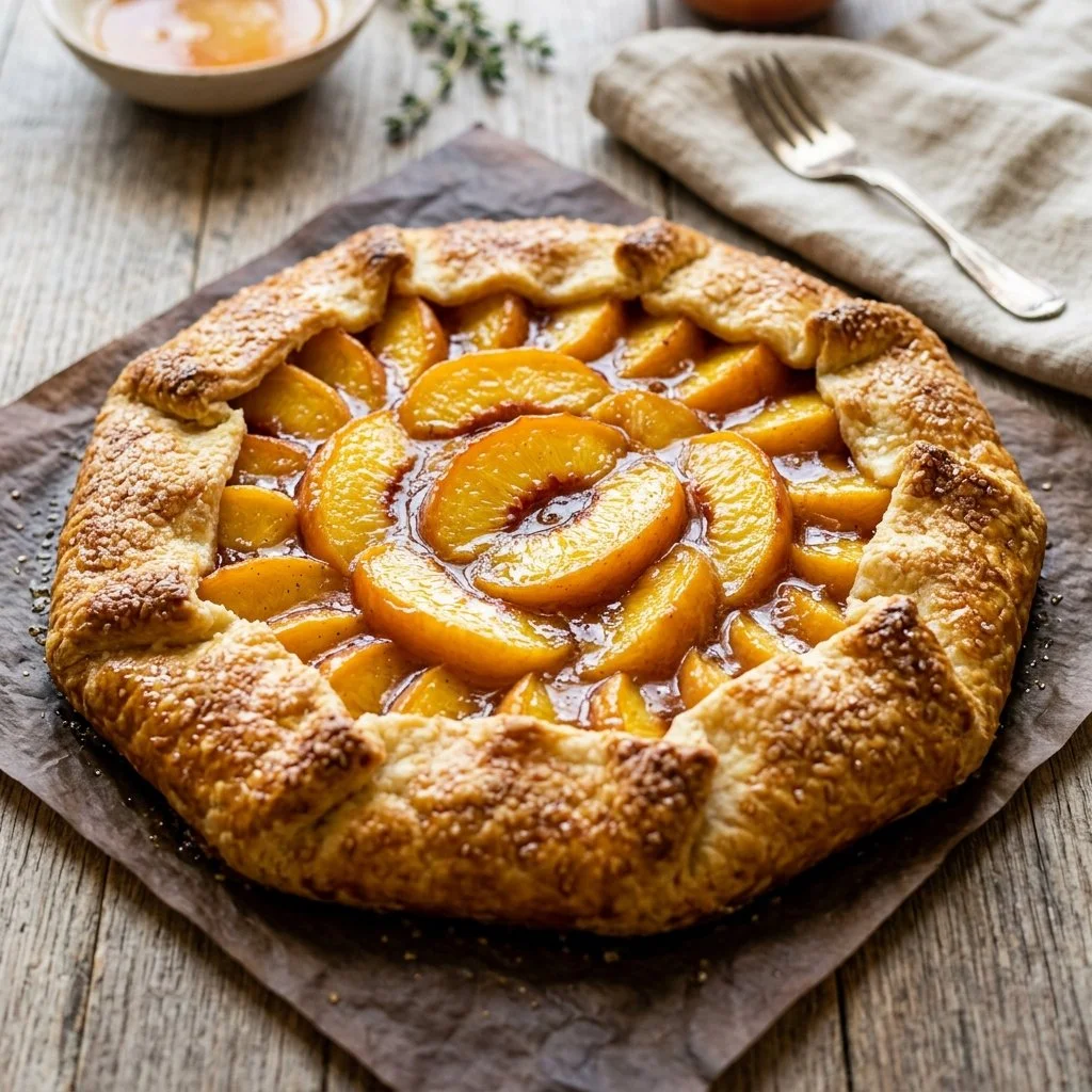 Delicious homemade Peach Galette with fresh peaches and golden crust.