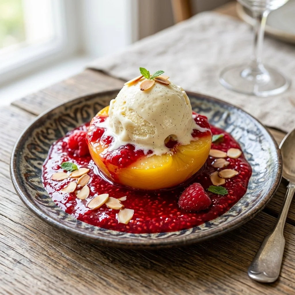 A delicious serving of Peach Melba with peaches, raspberry sauce, and vanilla ice cream.