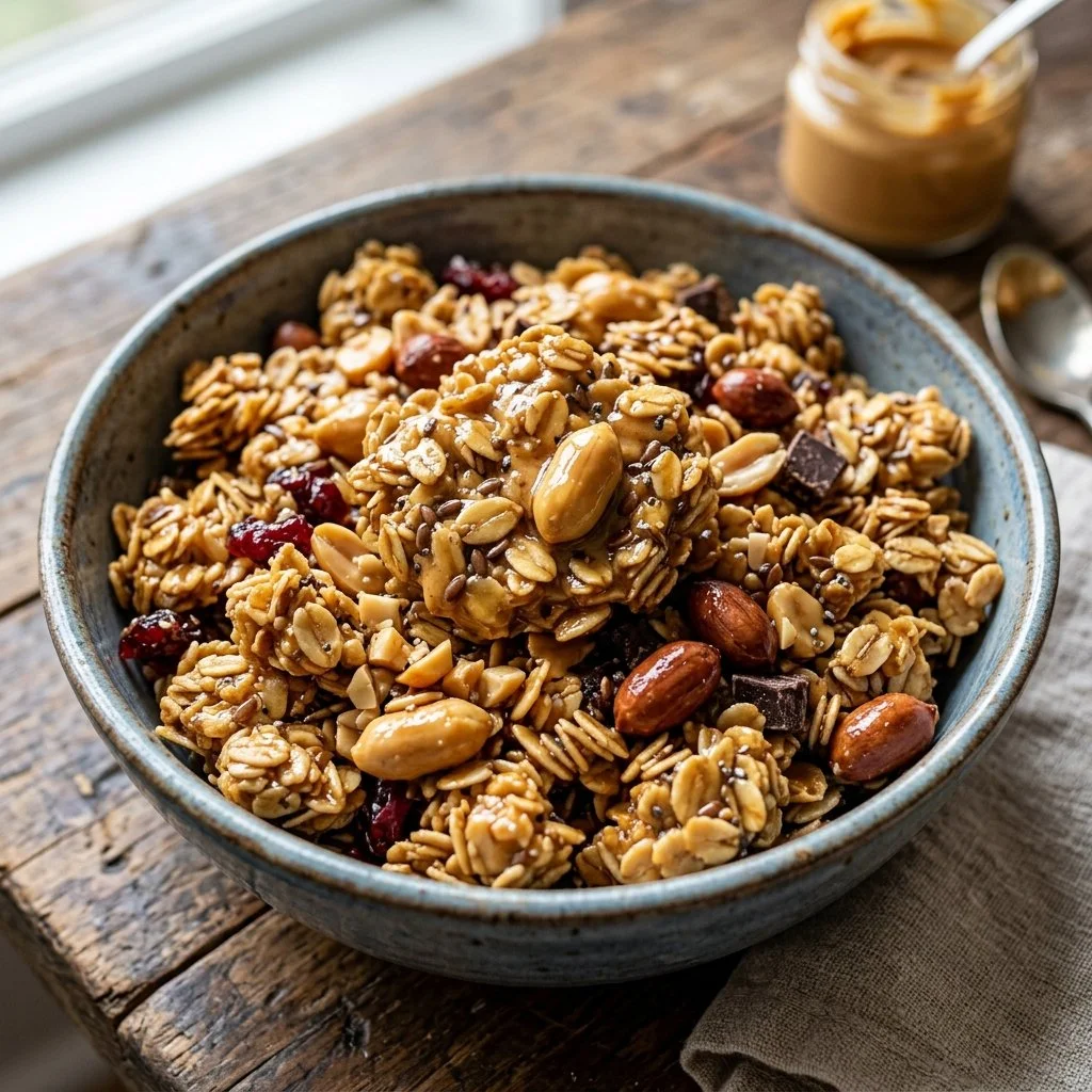 Delicious Peanut Butter Granola in a bowl with nuts and honey