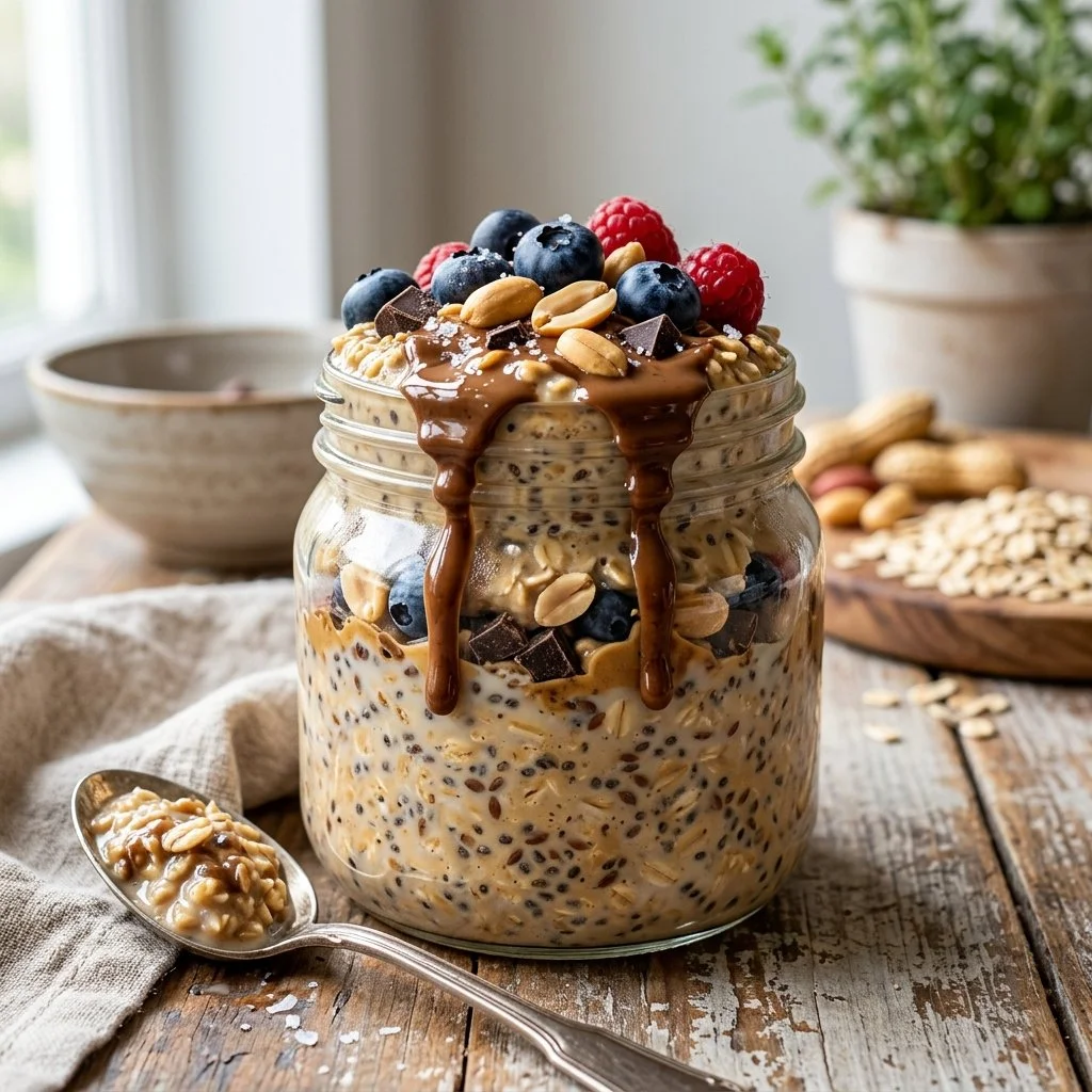 Bowl of Peanut Butter Overnight Oats topped with banana and nuts