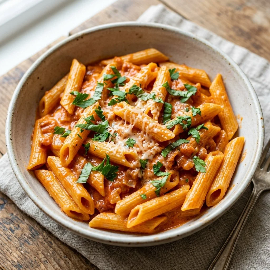 Delicious Penne alla Vodka served in a bowl with a sprinkle of parsley