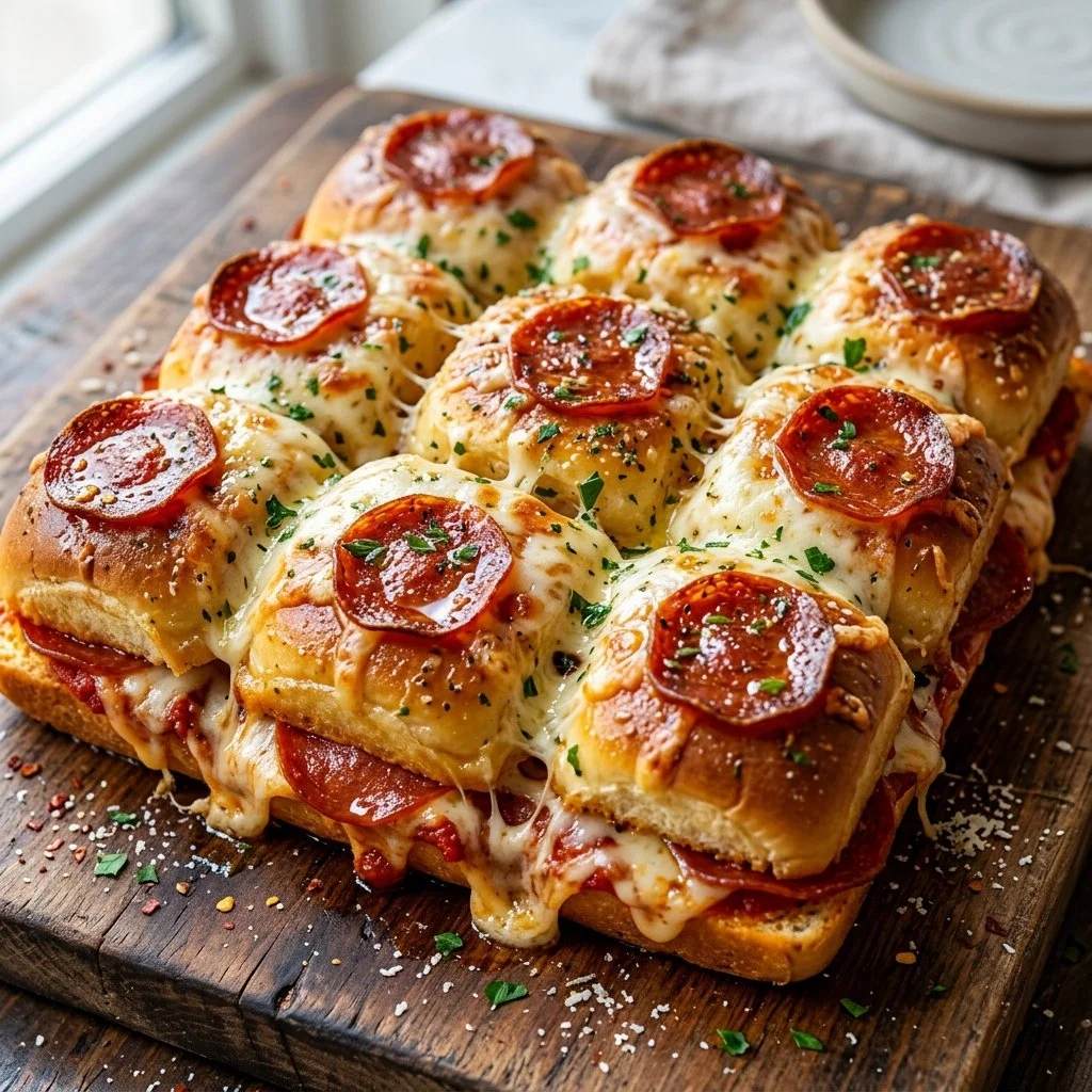 Pepperoni pizza sliders on a platter, perfect for appetizers or parties.