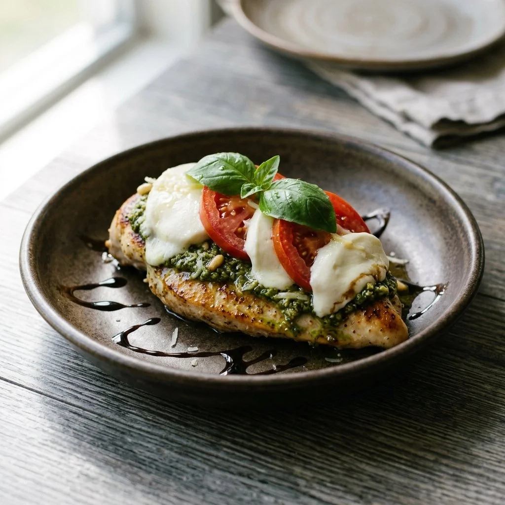 Delicious Pesto Caprese Chicken topped with fresh basil and mozzarella