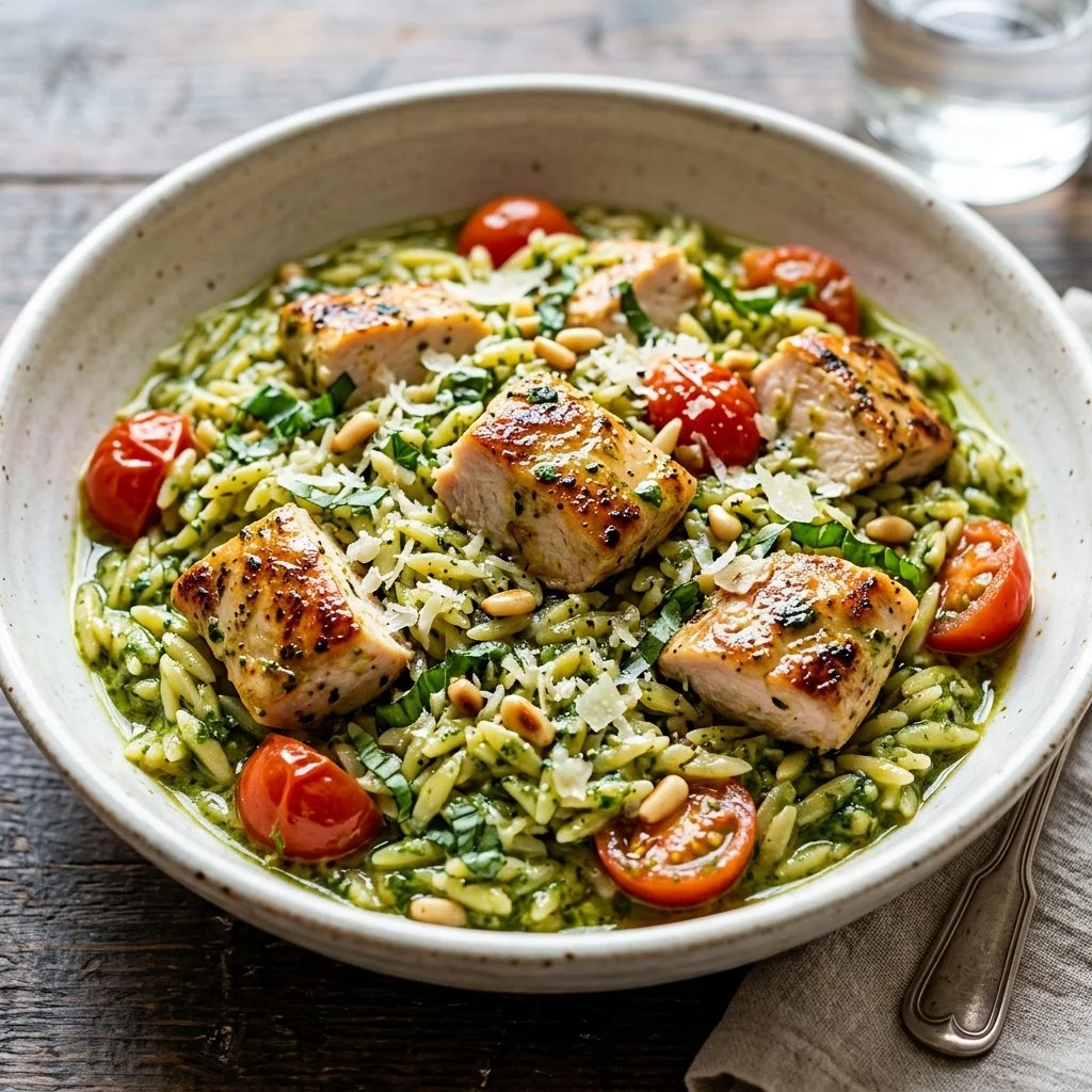 Bowl of Pesto Chicken Orzo with chicken, orzo, and fresh basil