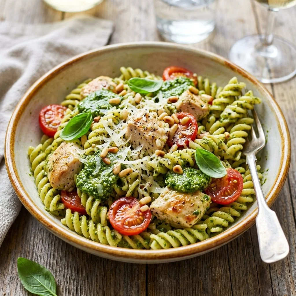 Delicious pesto chicken pasta served in a bowl with fresh ingredients