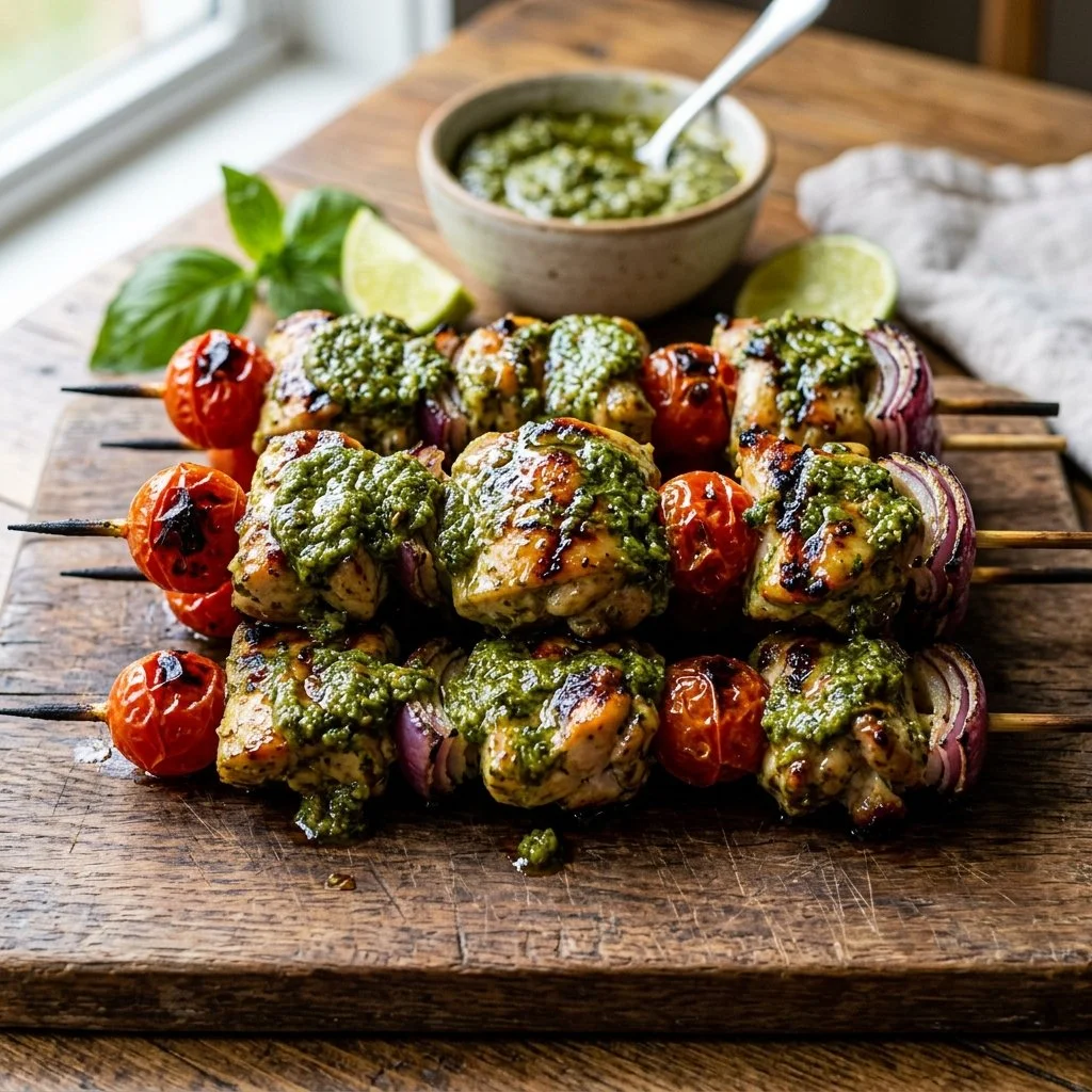 Grilled Pesto Chicken Skewers served on a plate with fresh herbs