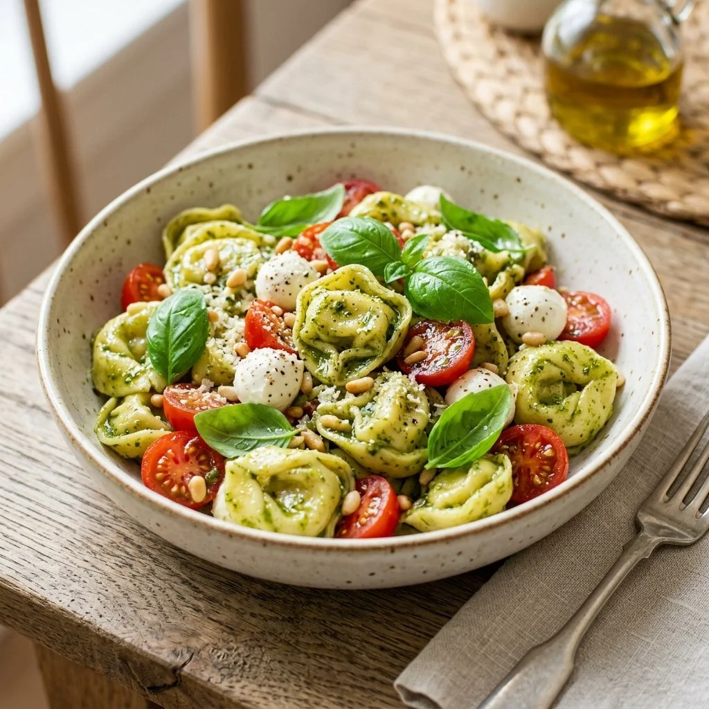 Pesto Tortellini Salad with fresh ingredients and vibrant colors.