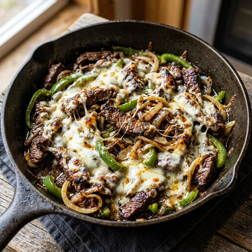 Delicious Philly Cheesesteak Skillet topped with melted cheese and peppers
