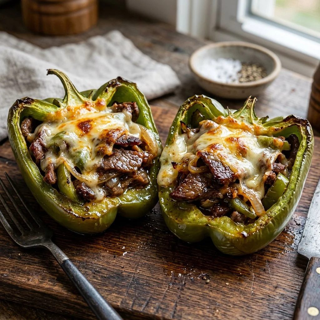 Philly cheesesteak stuffed peppers filled with beef, cheese, and peppers