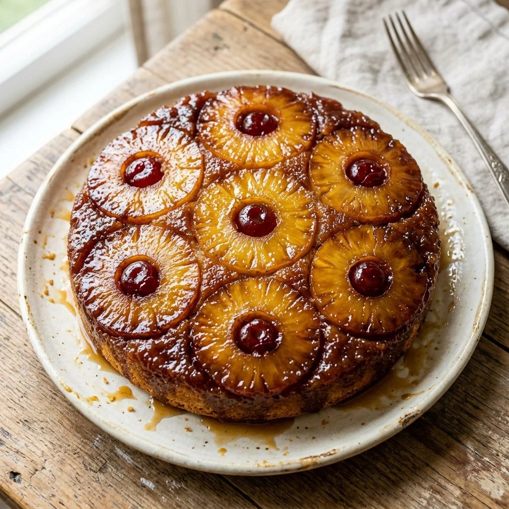 Delicious homemade Pineapple Upside Down Cake with caramelized pineapples and cherries