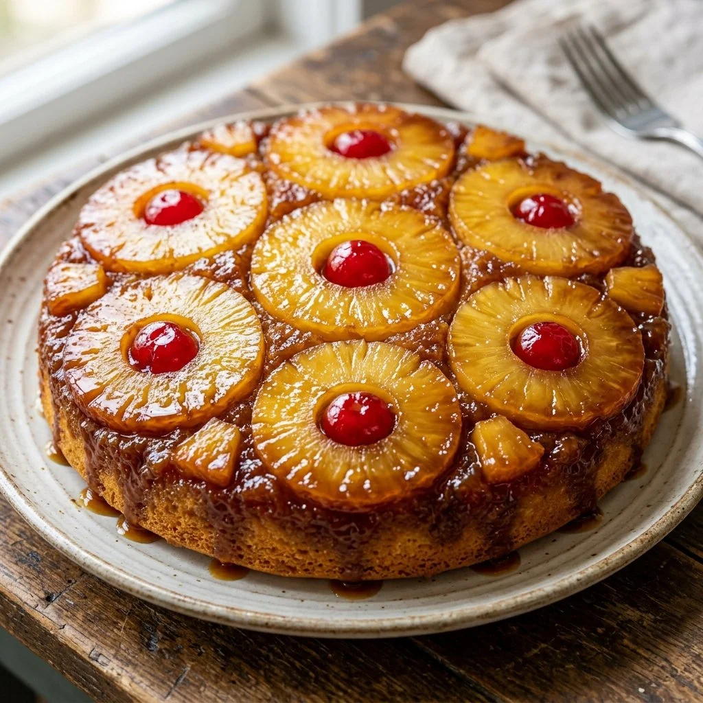 Delicious Pineapple Upside Down Cake with caramelized pineapples and cherries