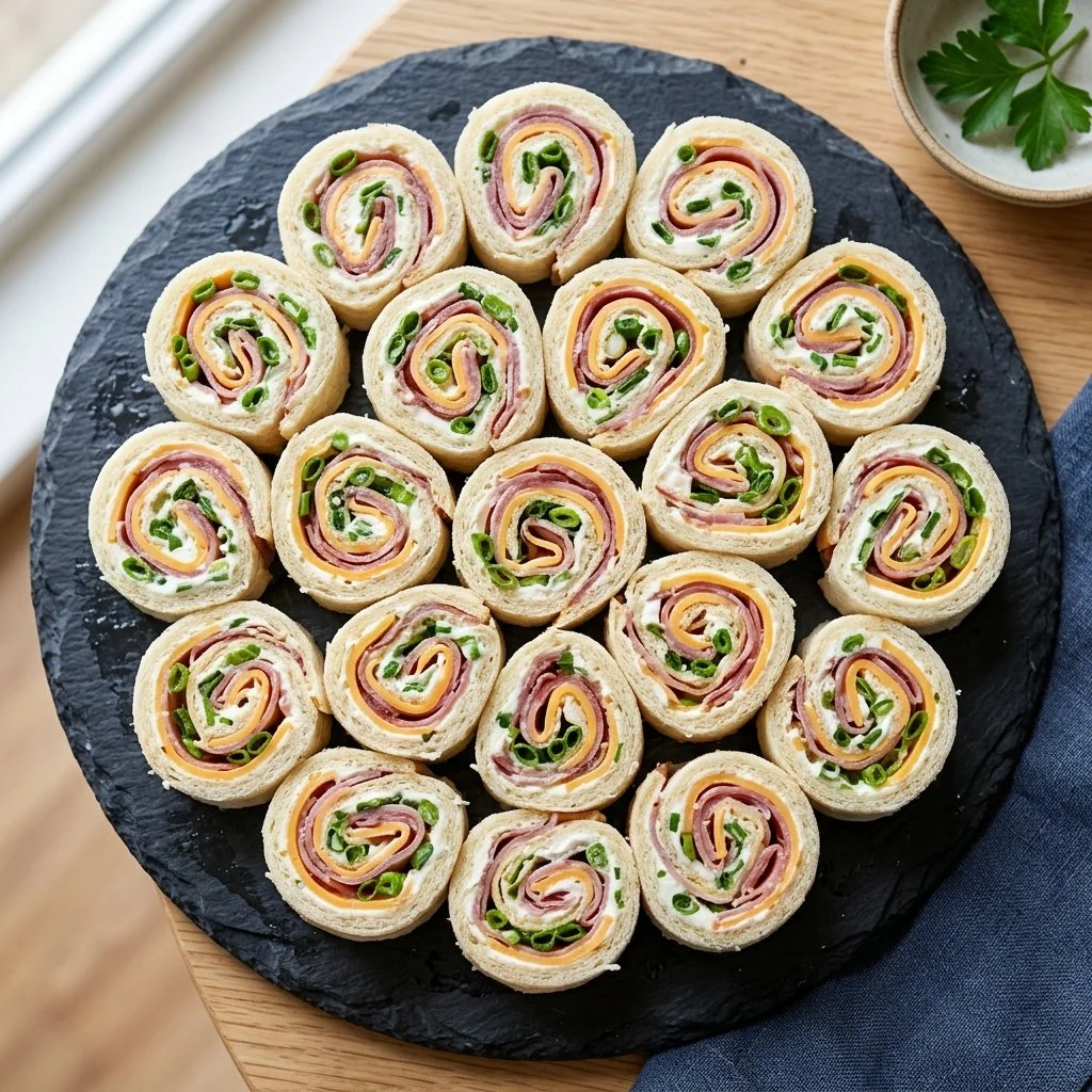 Colorful pinwheel sandwiches filled with various ingredients, served on a platter.