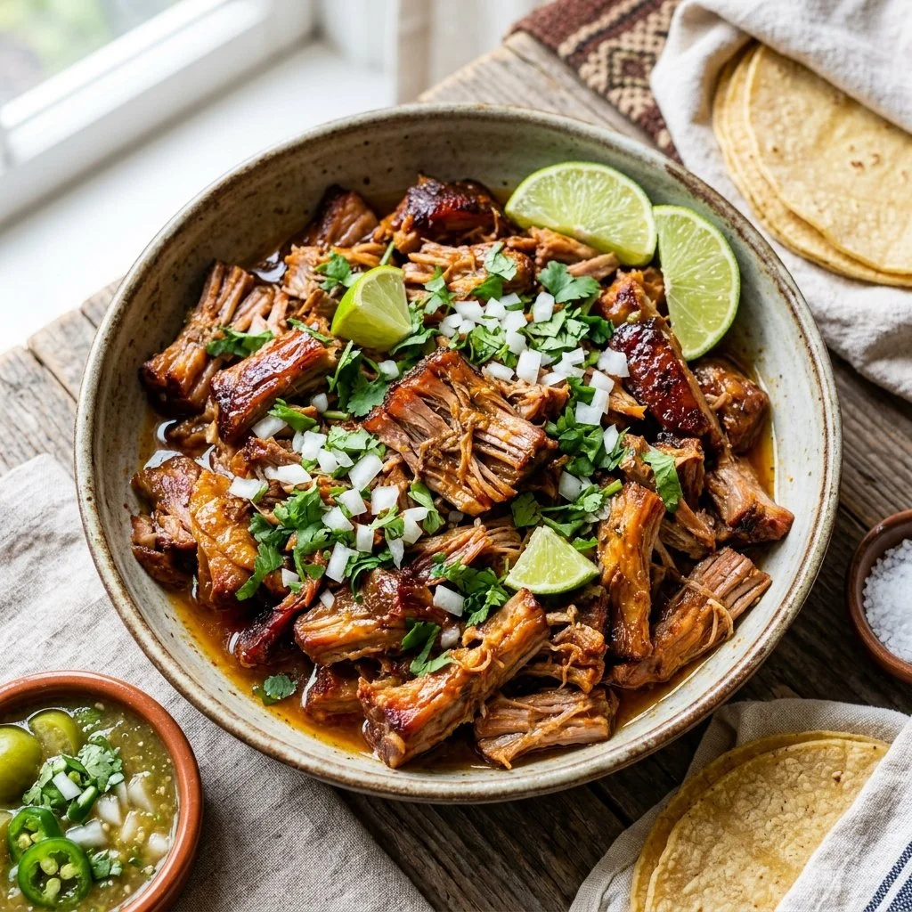 Delicious Pork Carnitas served in tacos with fresh toppings