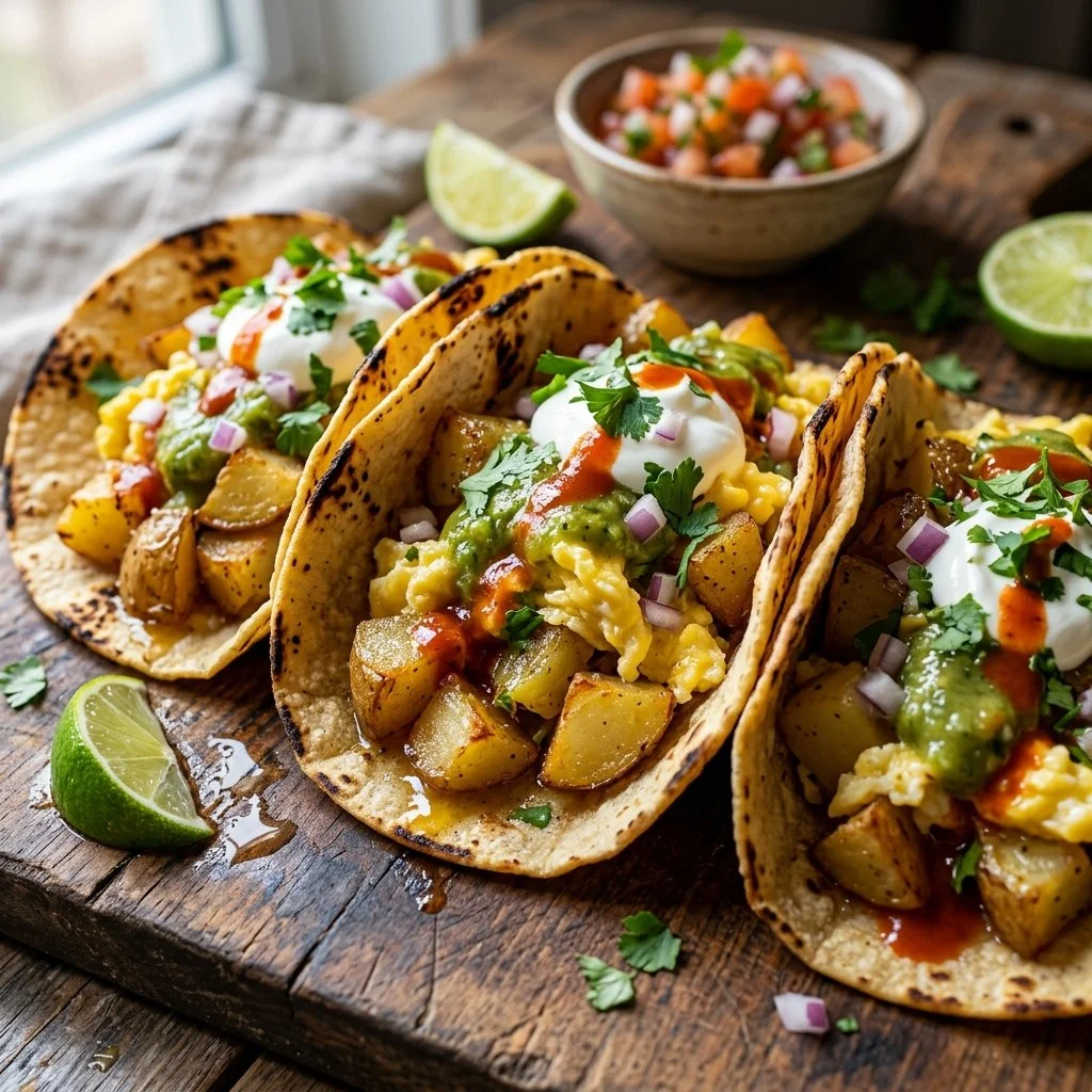 Delicious homemade potato and egg tacos on a plate