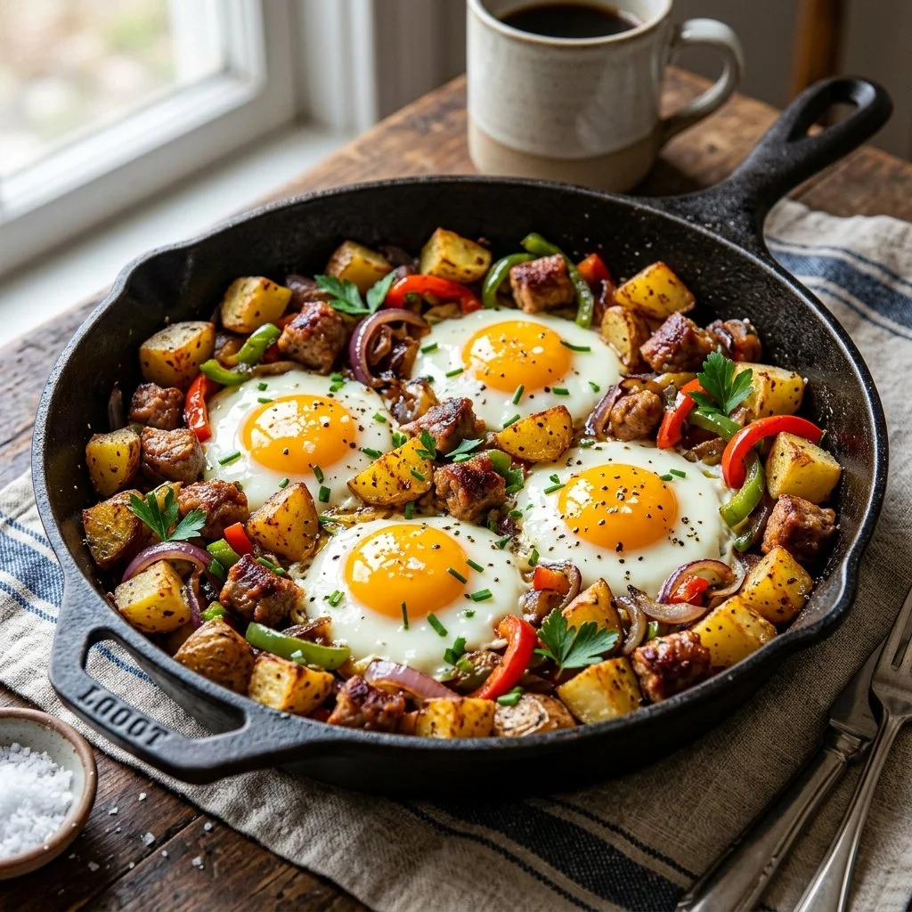 Delicious potato breakfast skillet with colorful veggies and toppings.