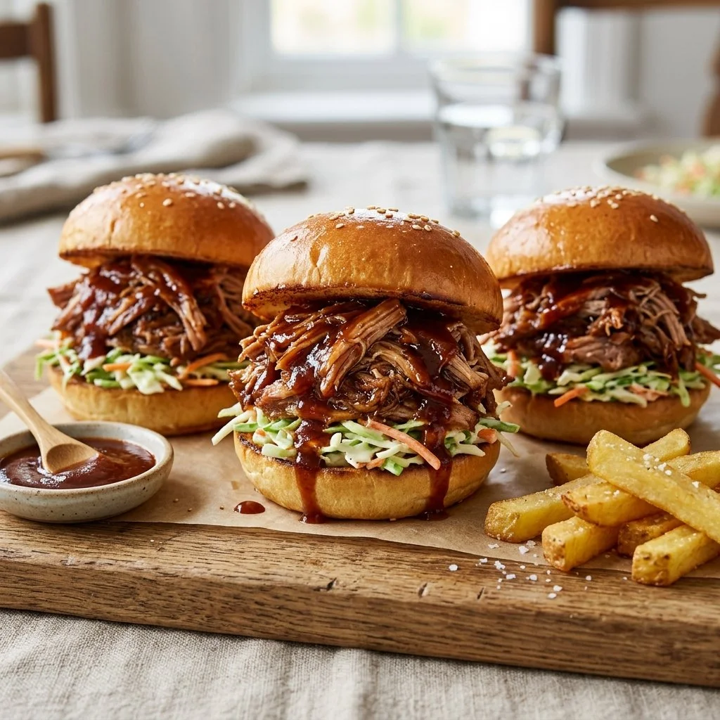 Delicious pulled pork sliders served on a platter with fresh toppings