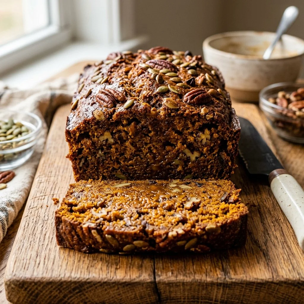 Loaf of freshly baked pumpkin bread with a slice cut on a rustic wooden table