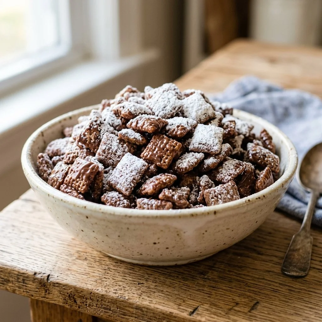 Bowl of homemade Puppy Chow made with chocolate and peanut butter
