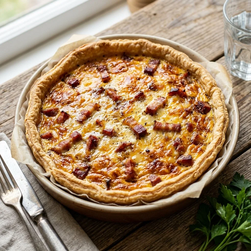 Delicious homemade Quiche Lorraine with bacon and cheese in a flaky crust