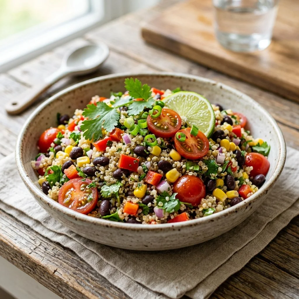 Colorful quinoa black bean salad with fresh vegetables and herbs