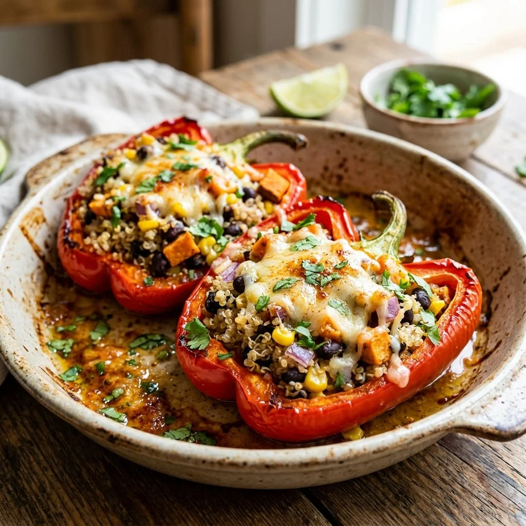 Colorful quinoa stuffed peppers ready to serve, topped with herbs and spices.