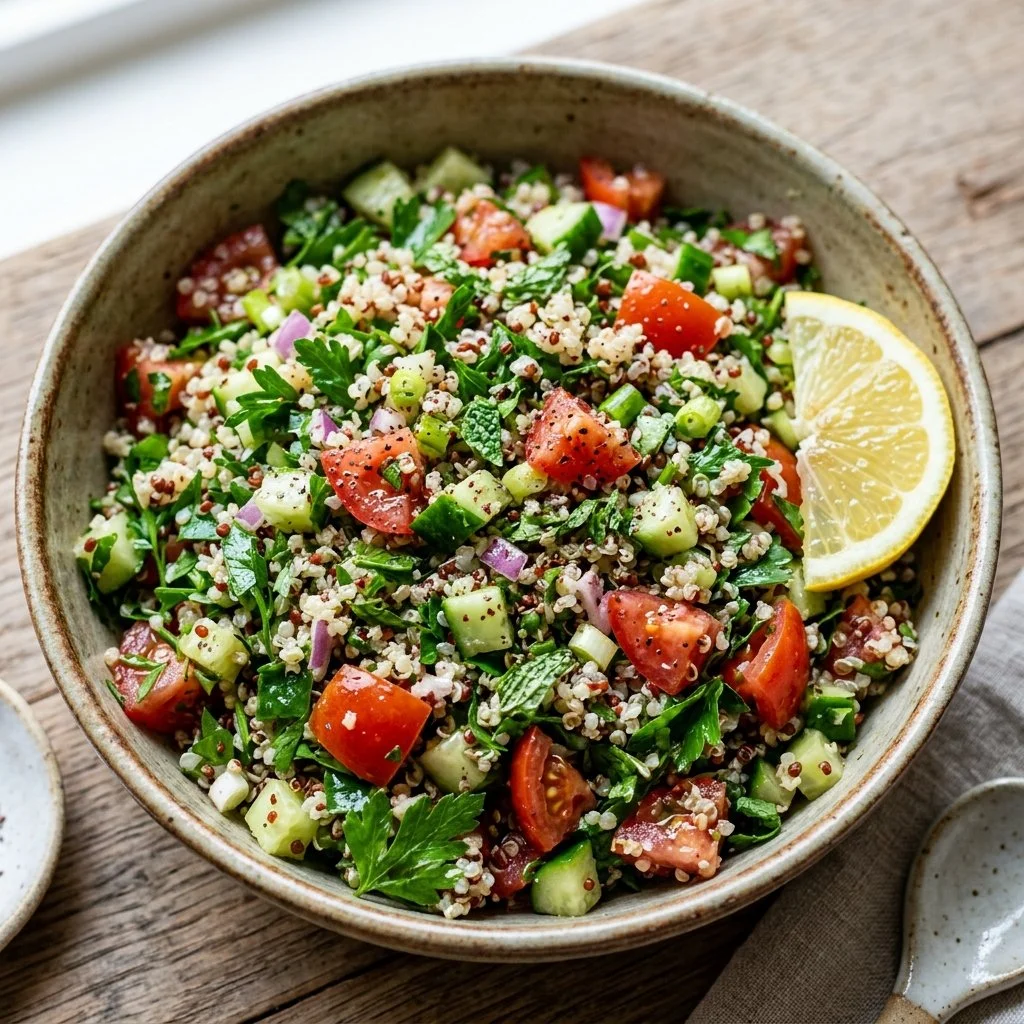 Quinoa tabbouleh salad with fresh herbs and vegetables