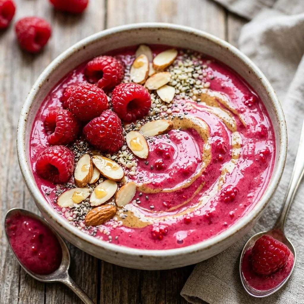 Delicious Raspberry Almond Smoothie Bowl topped with fresh almonds and raspberries