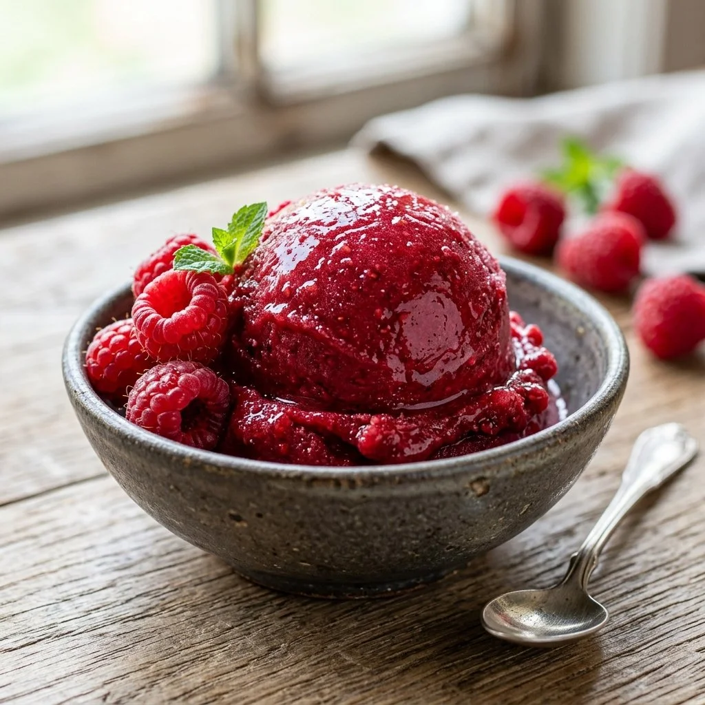 A refreshing bowl of vibrant pink raspberry sorbet served with fresh raspberries.