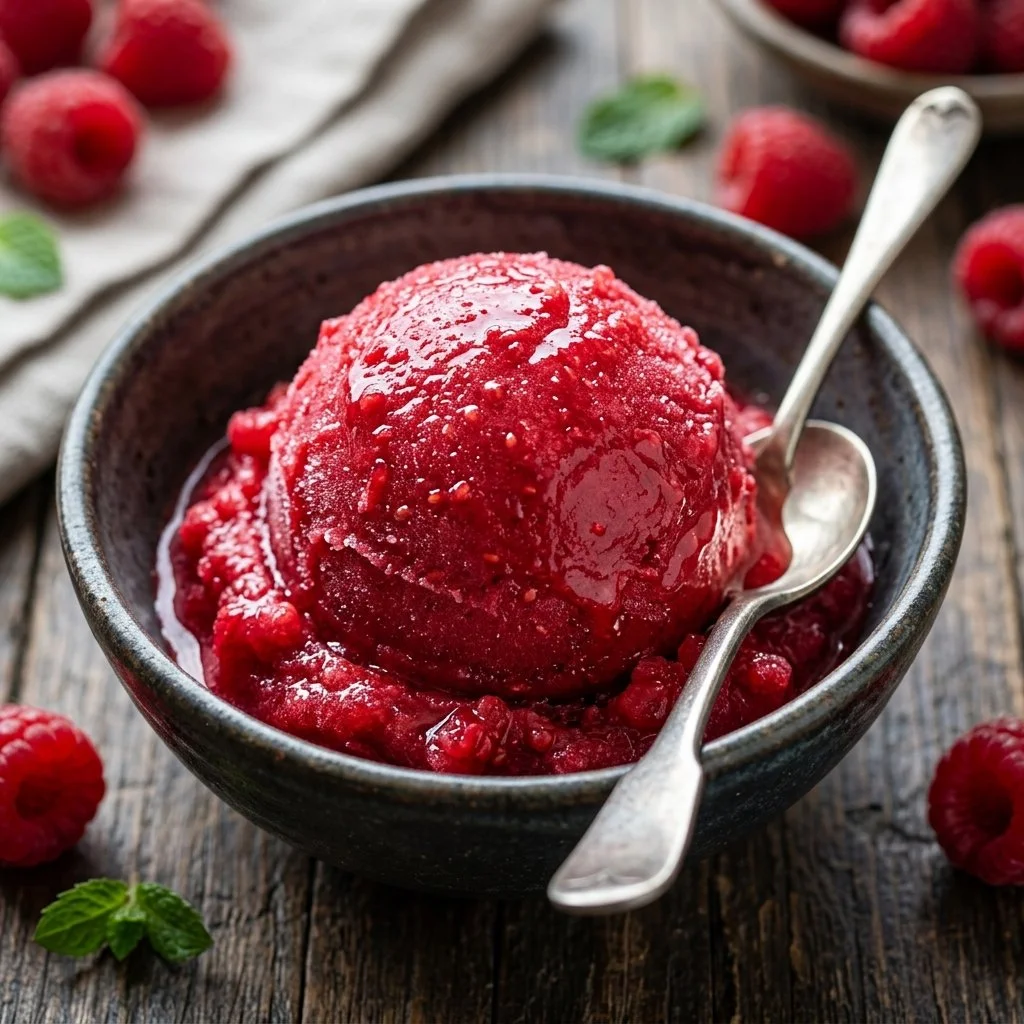 Delicious homemade Raspberry Sorbet served in a bowl with fresh raspberries