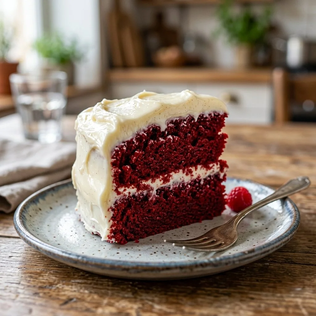 Delicious slice of homemade Red Velvet Cake with cream cheese frosting