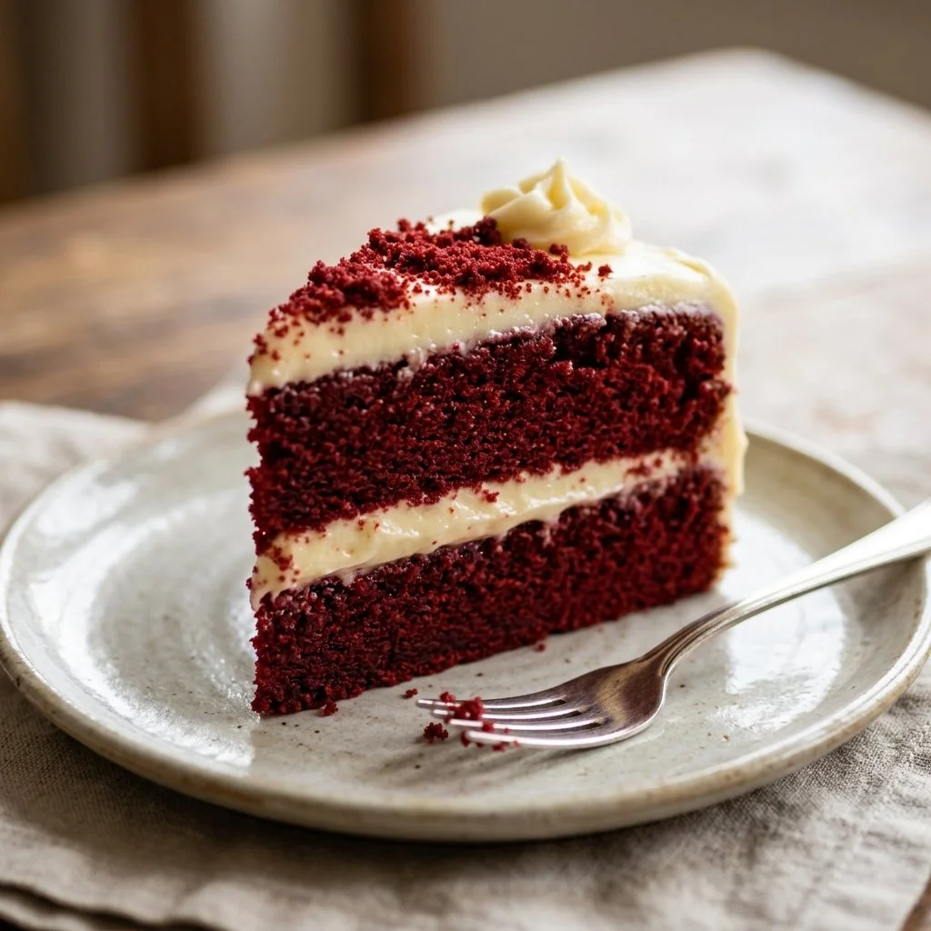 Deliciously moist homemade Red Velvet Cake with cream cheese frosting