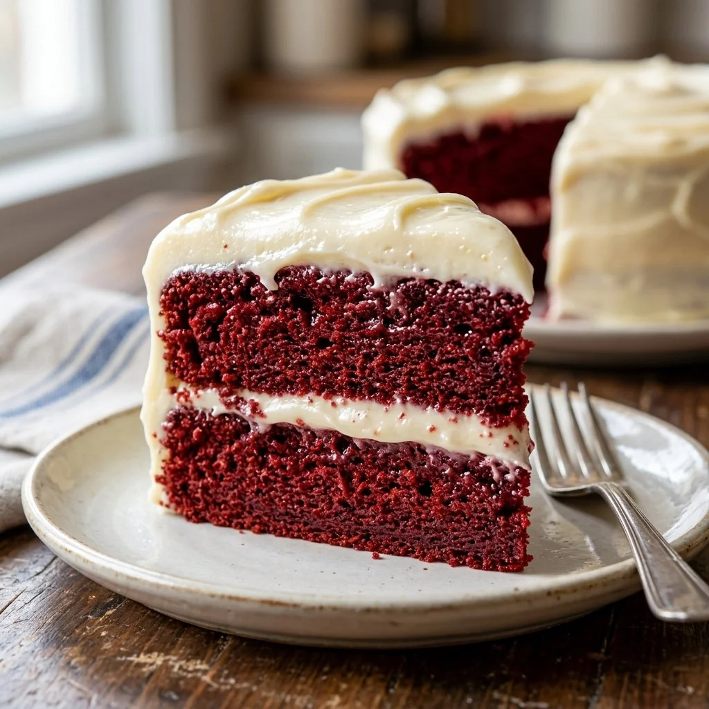 Delicious slice of red velvet cake topped with cream cheese frosting