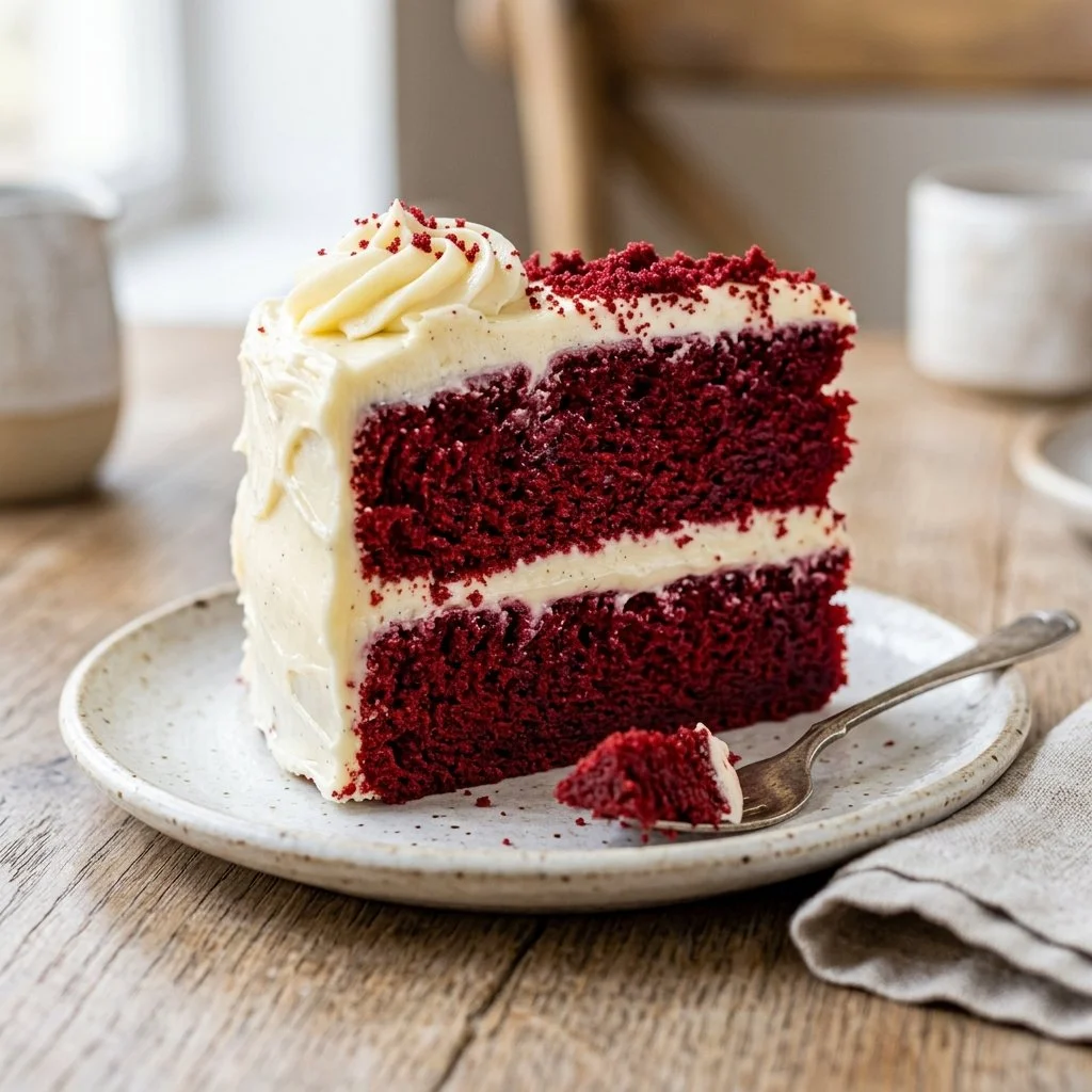 Delicious slice of Red Velvet Cake with cream cheese frosting on a decorative plate