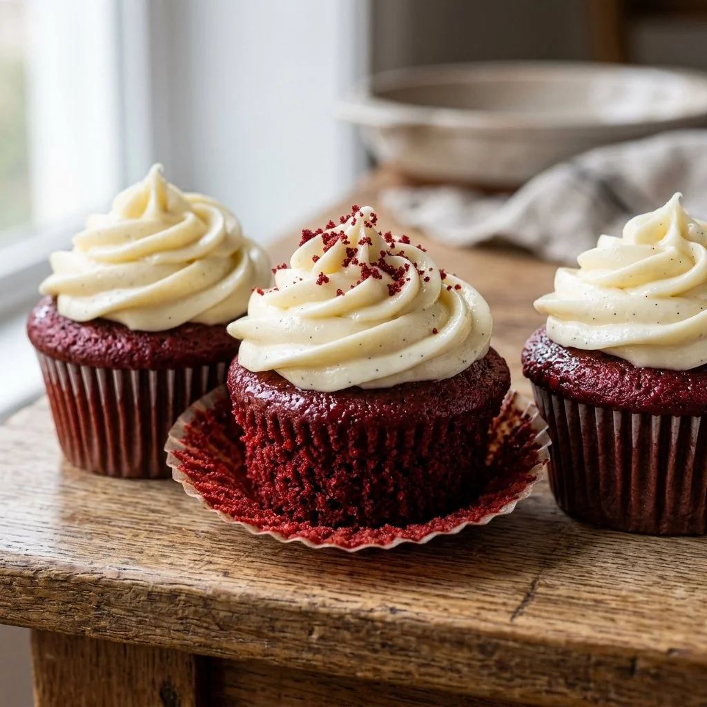 Delicious red velvet cupcakes with cream cheese frosting on a rustic table.