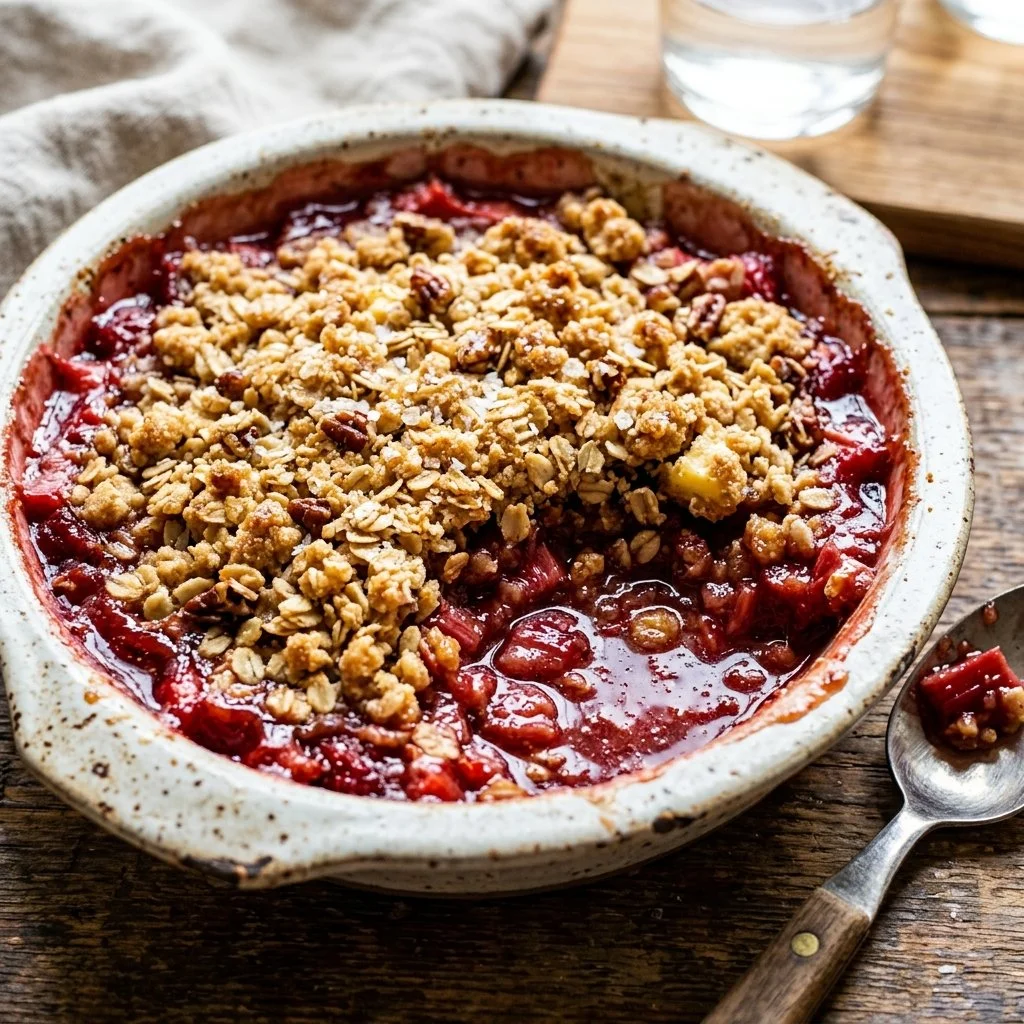 Delicious homemade rhubarb crisp with a crunchy oat topping on a serving dish.