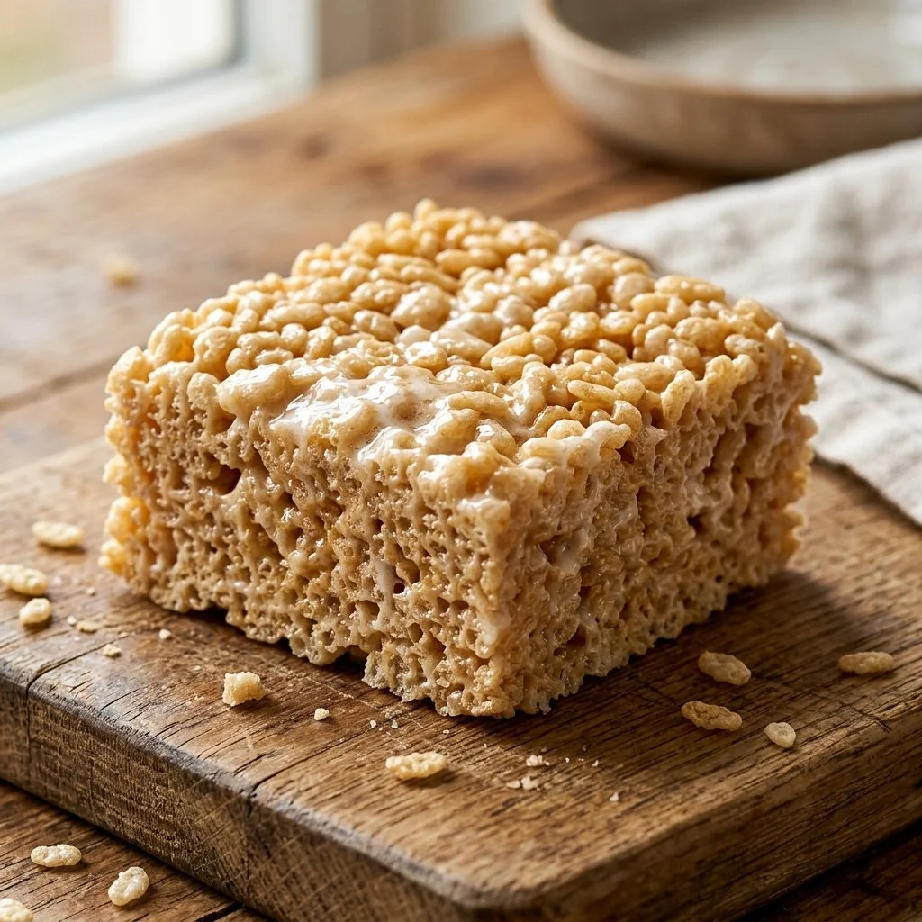 Delicious homemade Rice Krispie Treats on a wooden platter.