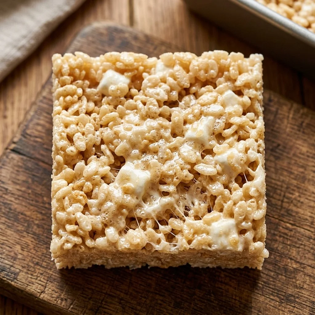 Delicious homemade Rice Krispie Treats stacked on a plate.