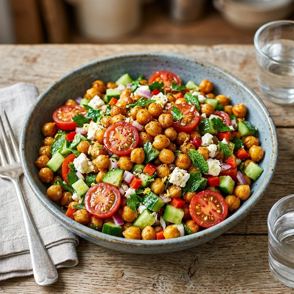 Delicious roasted chickpea salad with fresh veggies and a tangy dressing