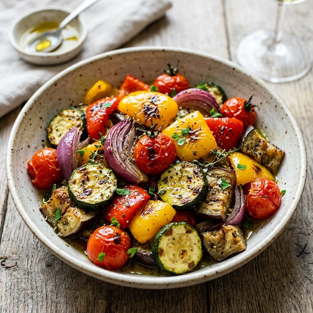 Colorful plate of roasted Mediterranean vegetables, showcasing seasonal produce.