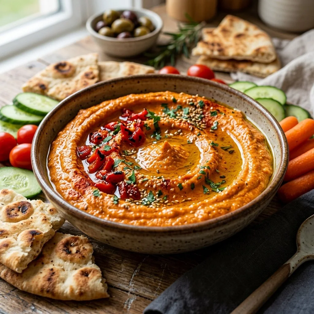 Bowl of roasted red pepper hummus served with fresh vegetables