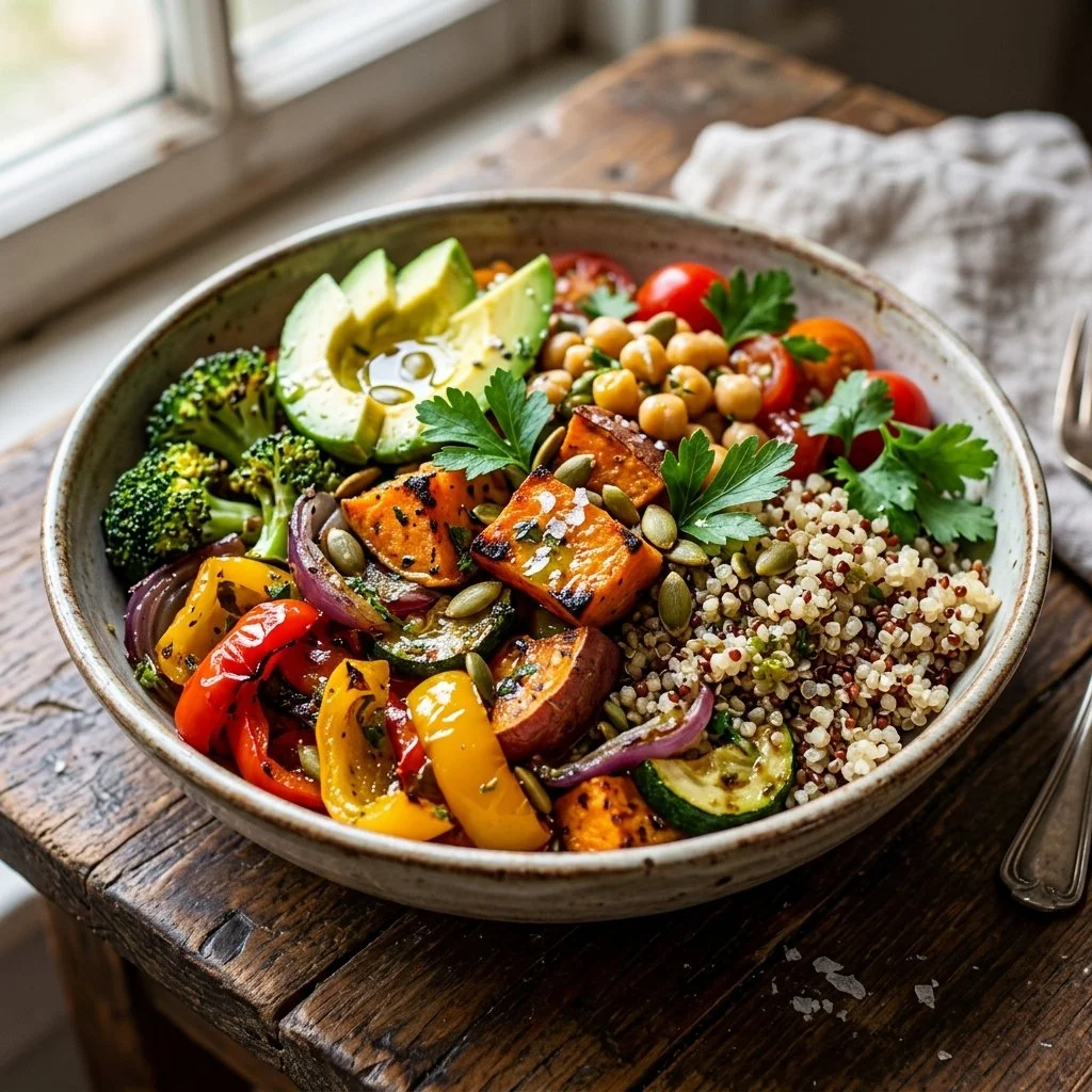 Healthy roasted vegetable quinoa bowl with colorful ingredients