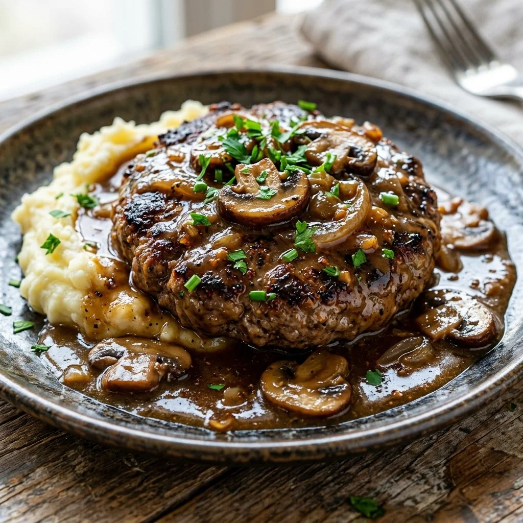 Delicious homemade Salisbury steak served with gravy and sides